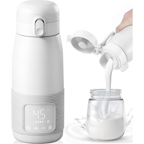 Chauffe-biberon Portable, 500ml Chauffe-biberon Bébé en Déplacement Contrôle Précis de la Température 37 à 55 Degrés Réglable pour le Voyage Alimentation de Nuit Blanc