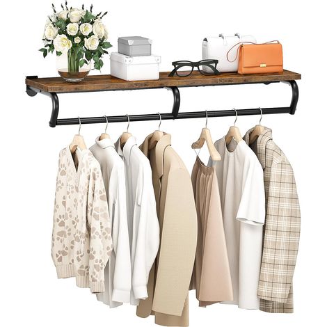 Porte-vêtements Mural en Métal avec étagère Supérieure, étagère de Rangement avec Tige de Suspension, pour Buanderie, Chambre à coucher, Entrée et Salle de Rangement, Marron Rustique DTYM02BF (1/5)