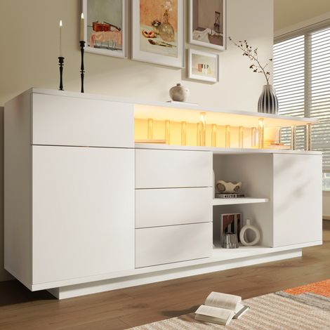 Credenza bianca 160 x 40 x 75 cm con LED, 4 cassetti, 2 ante, MDF e acrilico, OKWISH (1/5)