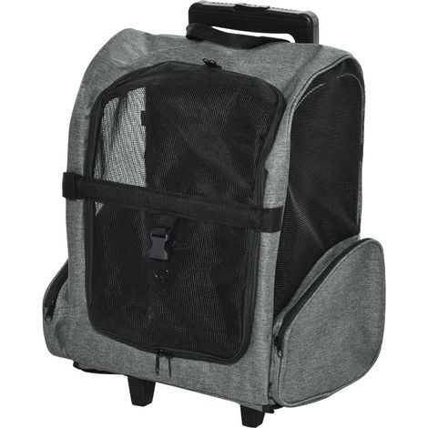 TRASPORTINO ZAINO 2 IN 1 PER CANI E GATTI CON TASCHE LATERALI, MANIGLIA TELESCOPICA E RUOTE, 42X25X55CM, GRIGIO (1/5)