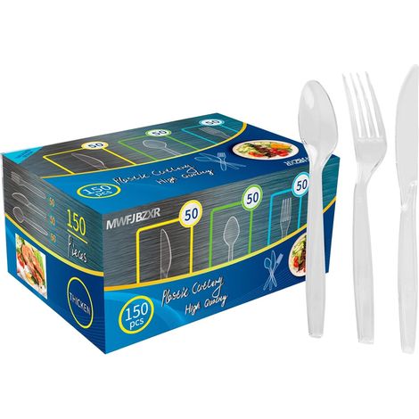 150 Couvert Plastique Reutilisable,BPA-Freie,50 Fourchettes,Couteaux,Cuillères,Idéal Pour les Vacances,Réunion de Famille,Camping Sauvage (1/5)