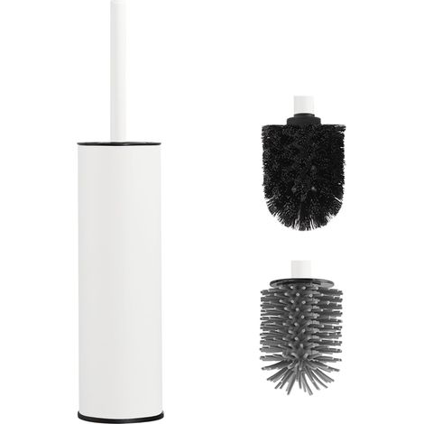 2 - Brosse WC - Support Métallique - Nettoyage Profond Anti-Goutte - Têtes Interchangeables Silicone et Plastique - Salle de Bain - Blanc - 35x12cm