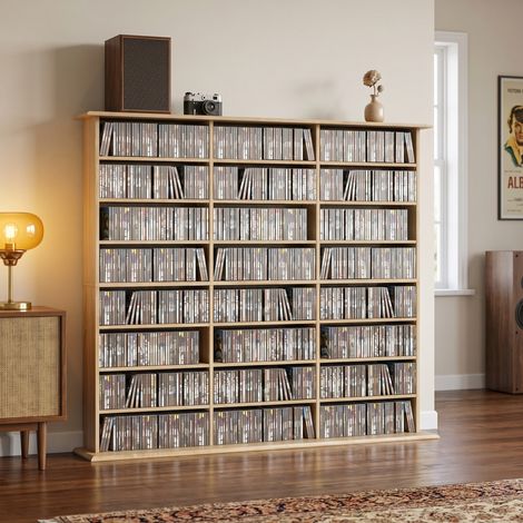 Meuble de rangement 1032 CDs / 594 DVDs, étagère multimédia, 24 compartiments et 18 étagères ajustables, chêne (1/5)