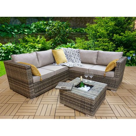 Signature Weave Georgia Wicker Corner Sofa Seat Coffee Table + Ice Bucket Brown (1/4)