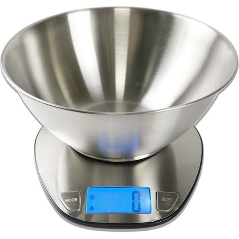 Digitale Küchenwaage aus Edelstahl mit integrierter Schüssel, Wiegekapazität bis zu 5 kg.