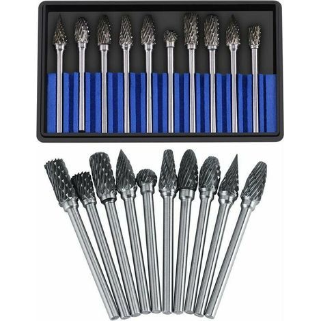 Jeu de Fraises en carbure fichiers rotatifs Acier au tungstène 10pcs diamètre tête Coupe pour Fraise 3mm Tige 6mm la perceuse à découper découpage métal Polissage Gravure perçage(Double Cut) (1/4)