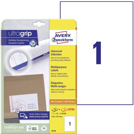Avery-Zweckform 6119 Etichetta universale 210 x 297 mm Carta Bianco 30 pz. A tenuta permanente Stampante a getto d'inch (1/5)