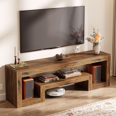 Tribesigns Meuble TV de 160 cm pour Télévision jusqu'à 65 Pouces, avec Compartiments Ouverts, Étagères, pour Salon, Salle de Jeu, Style Industriel, Marron Rustique (1/5)