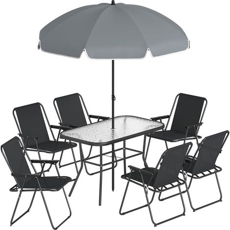 Set 8 Pezzi da Giardino con Ombrellone 6 Sedie Pieghevoli e Tavolo da Esterno in Vetro Temperato Nero (1/5)