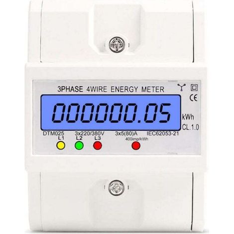 Energy Meter Three Phase 4 Wires 220 380V 5 80A kWh Digital LCD DIN Rail Backlit White (1/4)