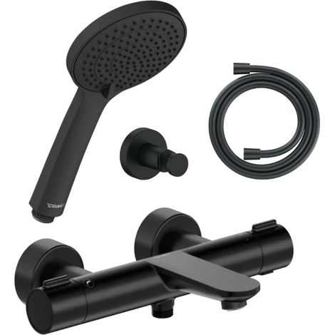 Conjunto de mezclador termostático para bañera/ducha DURAVIT Wave + cabezal de ducha universal 3 chorros + manguera de 160 cm + soporte negro mate (1/5)