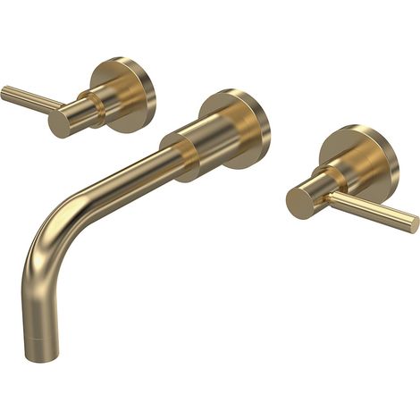 Hudson Reed Tec Lever 3-Hole Basin Mixer Tap Wall Mounted - Brushed Brass (1/2)