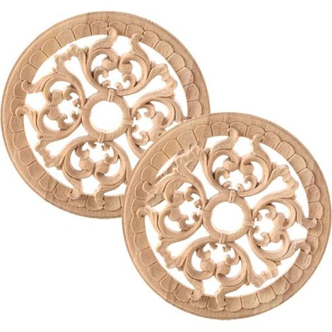 Moulure Decorative Bois 2 Pièces Applique en Bois Décalque Sculpté Rond Sculpté Bois Naturel Sculpté Meuble Sculpté Onlay Applique en Bois pour La Décoration de Meubles de Maison,14cm