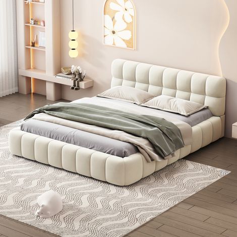 5ft King Size Bed Frame Avernest 150x200cm Cream Linen Double Bed, Low Platform & Tufted Headboard, Solid Slats 300kg (1/5)