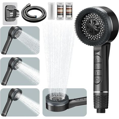Pommeau de Douche Haute Pression, Pommeau Douche Economie Deau 4 Types de Jets Pommeau de Douche Anti Calcaire avec Tuyau Douche 1.5M et Support de Douche, avec Bouton D'arrêt D'eau, Gris [Classe éner (1/5)
