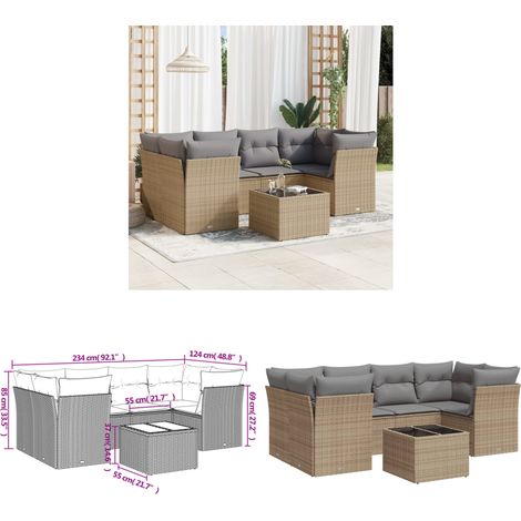 7-tlg. Garten-Sofagarnitur mit Kissen Beige Poly Rattan - Gartenmöbel Set - PE-Rattan Möbel - Outdoor Sofa - Esstisch - Lounge Garnitur - Home & Living (1/3)
