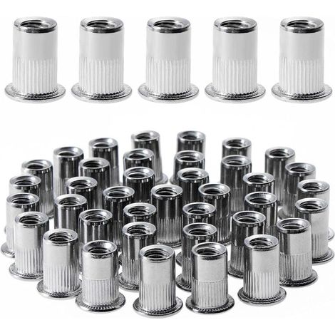 100 pièces M6 écrou à rivet fileté à tête plate,écrous à riveter fileter en acier inoxydable,assortiment inserts filetés pour mental plastique (12 mm × 15 mm) (1/5)