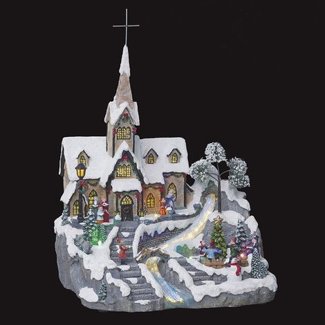 Fééric Lights And Christmas – Village de Noël animé lumineux église sous la neige – Dimensions L. 31 cm x l. 29 cm x H. 42.5 cm – Poids 2.4 kg – 9 LED et fibre optique (1/3)