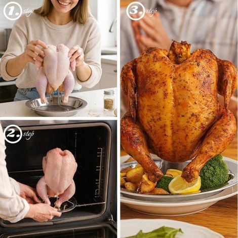 Support poulet vertical pliable en acier inoxydable 16,5 x 16,5 x 17 cm, avec bac récupérateur, pour four et barbecue (1/4)