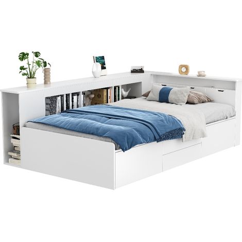 Kinderbett 90x200 mit Schubladen und Lattenrost, Multifunktionales Stauraumbett mit Bücherregal und Schrank, Einzelbett aus MDF, Weiß (1/5)