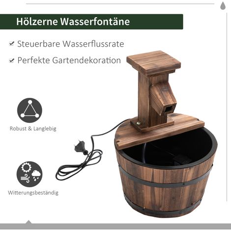 Fontaine électrique extérieure avec godet bois, mitigeur, pompe, bassin ornemental, point d'eau décoratif, cascade pour jardin, pelouse, Ø27 x 37 cm, finition brûlée