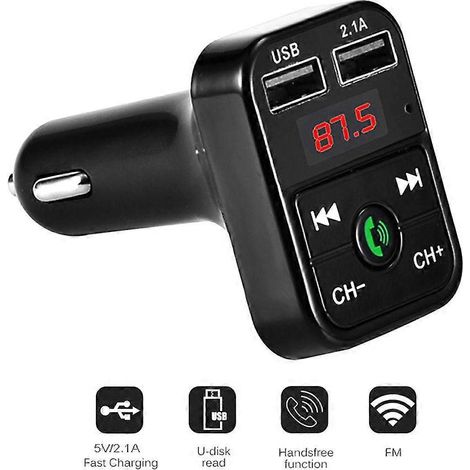 Auto-MP3-Player mit Bluetooth, kabellosem FM-Transmitter, Radioadapter, Kfz-Ladegerät mit zwei USB-Anschlüssen und Unterstützung für TF-Karten.