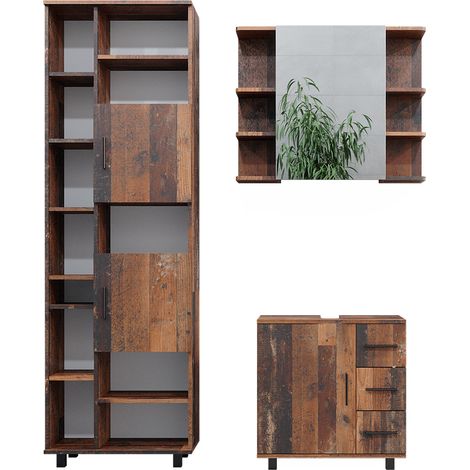 Conjunto de muebles de baño Ilias, Roble rústico, 3 piezas, con mueble bajo 60 cm, Vicco