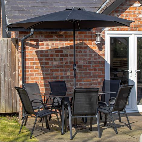 Outdoor 6 Person Rectangular Glass Top Garden Dining Table Chairs With Black Parasol and Base Set (1/5)