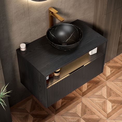 Vasque suspendue de 80 cm avec vasque en céramique noire à motif pierre, meuble sous-vasque en contreplaqué rayé avec tiroir et étagère, éclairage à détecteur de mouvement, pré-assemblé, coloris noir (1/5)