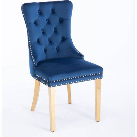 Chaise de salle à manger moderne en velours bleu, structure bois massif, pieds plaqués acier inoxydable doré, lot de 2 (1/5)