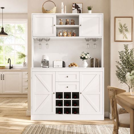Credenza alta bianca 120 x 40 x 188 cm, 4 ante, 2 cassetti, portabottiglie HAVRYA (1/5)