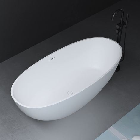 Mai & Mai Freistehende Badewanne Weiß matt 165x75x55 cm Oval Mineralguss Standbadewanne inkl. Pop Up Ablaufgarnitur (1/5)