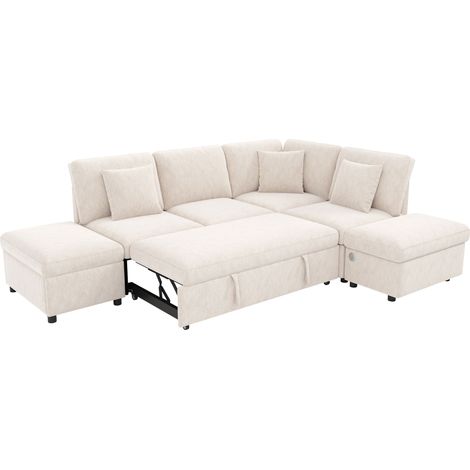 Sofá Esquinero Modular Convertible, Tapizado en Chenilla, Puff de Almacenaje, Cojines, Beige (1/5)