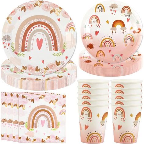 50 pièces Vaisselle jetable Boho, assiettes 18 cm et 23 cm, gobelets carton, serviettes, décoration fête arc-en-ciel pour anniversaire enfant (1/5)