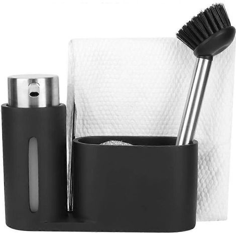 Organisateur d'évier de cuisine, distributeur de lessive en acier inoxydable, porte-serviettes (noir) (1/5)