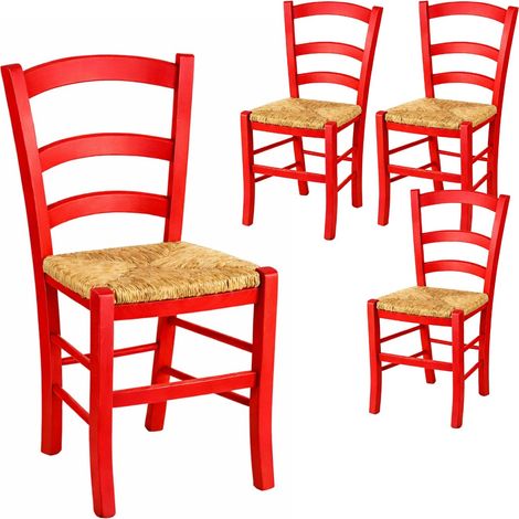 4 Sedie paesana Rossa in legno con seduta in paglia - Misura 43x42x86 cm - Sedia tradizionale robusta - Per casa, cucina, agriturismo e ristorante (1/5)
