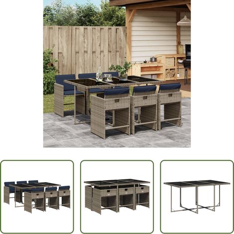 Gartentisch - 7-teiliges Garten-Ess-Set mit Kissen, grau, Polyrattan (1/5)