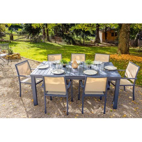 Table de jardin rectangulaire extensible en aluminium Santorin gris bleuté 8/10 places - Jardiline + 10 fauteuils (1/4)