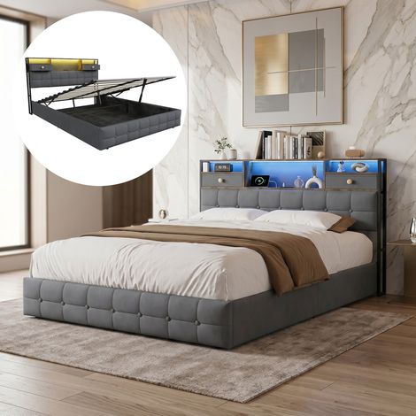Letto contenitore matrimoniale 140x200 cm, imbottito in velluto, con sollevamento idraulico, 2 cassetti nella testiera, LED e USB, rete a doghe in legno - Grigio