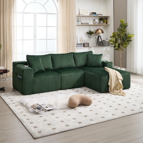 Sofá de 3 plazas con 5 cojines, bolsillos laterales y portavasos. Espuma de alta densidad, tela de pana, color verde oscuro. (1/5)