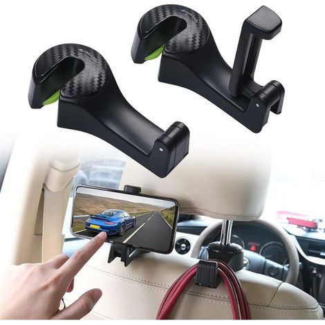 Ganchos universales para reposacabezas de coche, paquete de 2 ganchos para asientos de coche con soporte para teléfono, gancho multifuncional para guardar bolsos en el coche, color negro. (1/5)