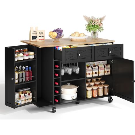 Desserte cuisine îlot noire 120 x 45(70) x 89 cm - Plan rabattable, 5 roulettes, étagère, casier à vin et porte-verres (1/5)