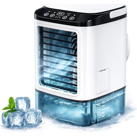 Tragbare Klimaanlage 2026 ohne Abluft, 4 Geschwindigkeitsstufen, mit Eiswürfelbehälter, Sprühfunktion, 7-farbiger LED-Beleuchtung und 900-ml-Wassertank – Leiser Luftkühler (Weiß) (1/5)