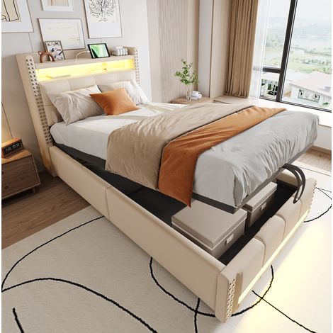 Cama tapizada moderna 90x200 cm en tela tipo lino beige, con cabecero con estantes, USB, LED y arcón hidráulico (1/5)