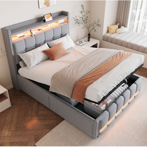 Letto matrimoniale contenitore LED 140x200 grigio OKMYHOME (1/5)