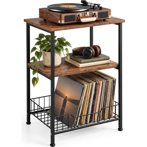 Relaxdays Record Player Table, 3 Tiers, Industrial, HxWxD: 64.5x40x30 cm, Record Player Shelf, Brown/Black (1/5)