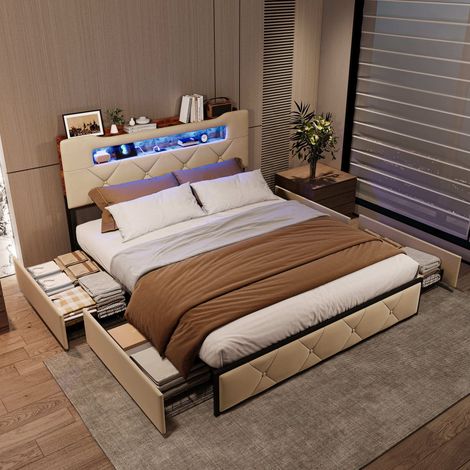 Chambre complete adulte,sommier 160x200,lit deux place,Lit coffre,lit led 160 x 200,avec USB et 4 Tiroirs de Rangement,Velours,Beige