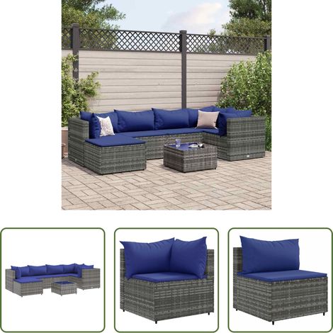 vidaXL Rattanmöbel - 7-tlg. Garten-Lounge-Set mit Kissen Grau Poly Rattan (1/5)