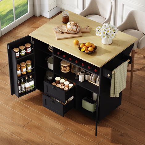 Desserte de cuisine 104x69x89 cm avec plateau rabattable, 2 tiroirs, range-bouteilles, roulettes, MDF naturel noir (1/5)