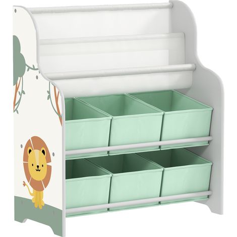 Scaffale Portagiochi per Bambini 63x30x71 cm con 6 Cassetti in Tessuto e Libreria a 2 Livelli in Legno e Acciaio Verde (1/5)